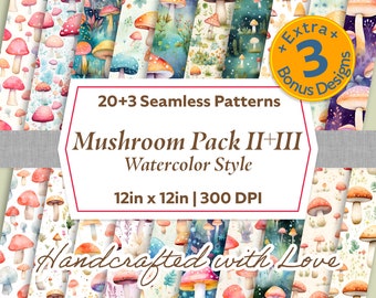 Mushroom Design SEAMLESS Patterns, Watercolor Style, Digital Paper, Scrapbook Papers, Printable Paper Set, Digital Background, 20 Designs