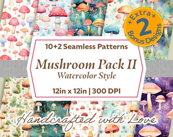 Mushroom Design SEAMLESS Patterns, Watercolor Style, Digital Paper, Scrapbook Papers, Printable Paper Set, Digital Background, 10 Designs