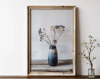 Wazon z suszonymi kwiatami wabi sabi, wydruk artystyczny, minimalistyczny wystrój w stylu japońskim (pobranie cyfrowe)