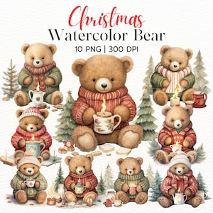 Ours aquarelle de Noël, lot de cliparts hiver, vacances douillettes, 10 PNG, téléchargement numérique instantané, usage Commercial