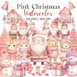 Pink Christmas Watercolor Clipart Bundle 68 PNG Xmas Festive Winter Images, Holiday Decor Graphics, Instant Digital Download, Commercial Use