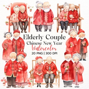 Pareja de ancianos Año Nuevo Chino Acuarela Clipart, Año Nuevo Lunar Chino, Pareja Romántica, Celebración Festiva, Descarga Digital Instantánea