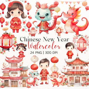 Clipart acquerello Capodanno cinese, Capodanno lunare cinese, PNG grafico festivo, Immagini di celebrazione festiva, Download digitale istantaneo