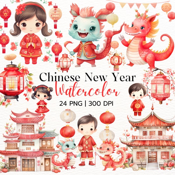 Chinese New Year Watercolor Clipart, Chinese Lunar New Year, Holiday Graphic PNG, Festive Celebration Images, Instant Digital Download