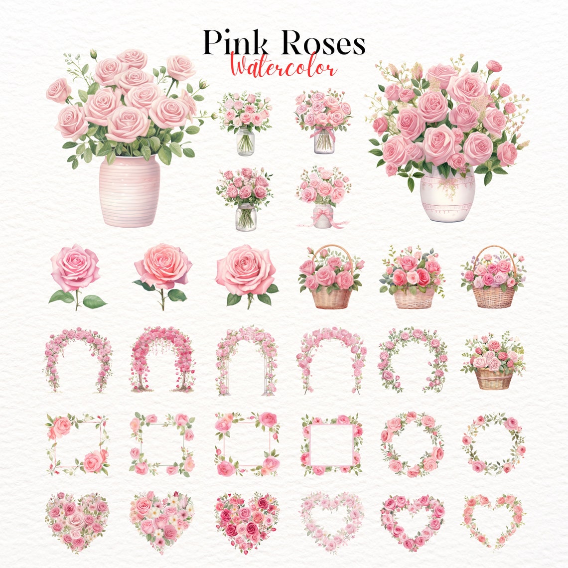 Pink Roses Watercolor Clipart: Floral Digital Art (30 PNG) - Etsy