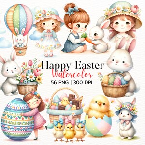 Happy Easter Watercolor Clipart - Digital Download, Easter Bunny, Eggs & Spring Flowers PNG, Printable Easter Decor, Craft Supplies