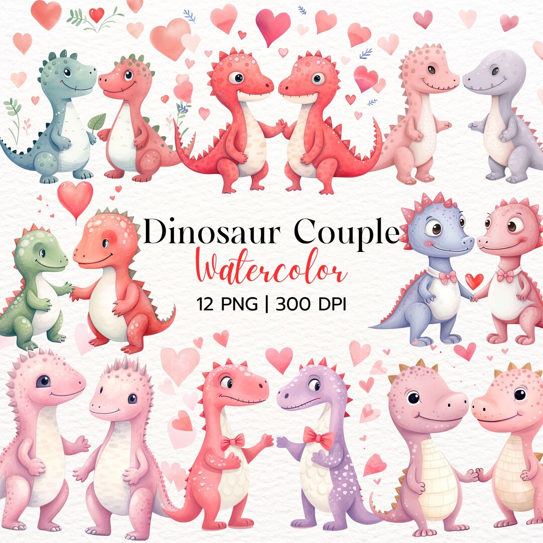 Dinosaur Couple Watercolor, Valentines Day Gift, Romantic Dinosaur ...