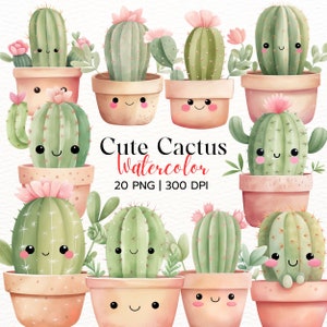 Cute Cactus Watercolor Clipart - Digital Download, Succulent Plants, Desert Flora PNG, Printable Home Decor, Scrapbooking Supplies