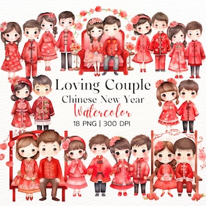 Pareja amorosa Año Nuevo Chino Acuarela Clipart, Año Nuevo Lunar Chino, Regalo de Parejas, Celebración Festiva, Descarga Digital Instantánea