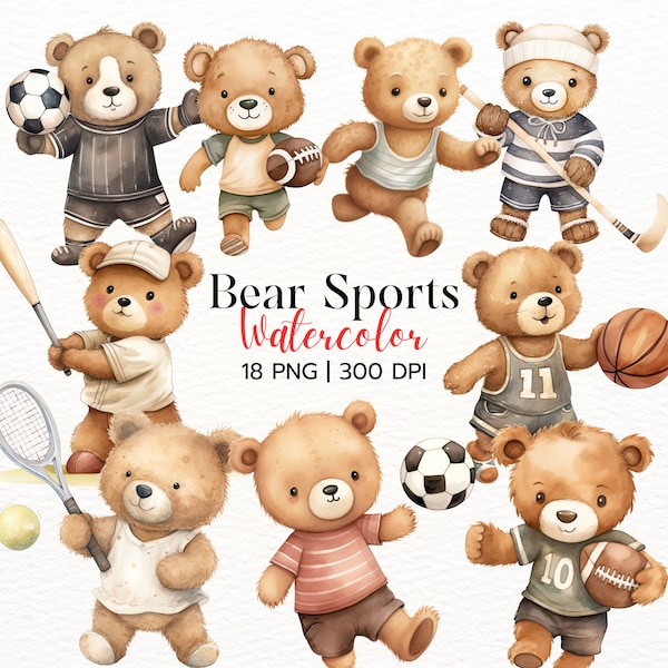 Bear Sports Nursery Decor Watercolor Clipart - Cute Bear Athletes Digital Art, Printable Baby Room Decoration, Children's Sport Illustration