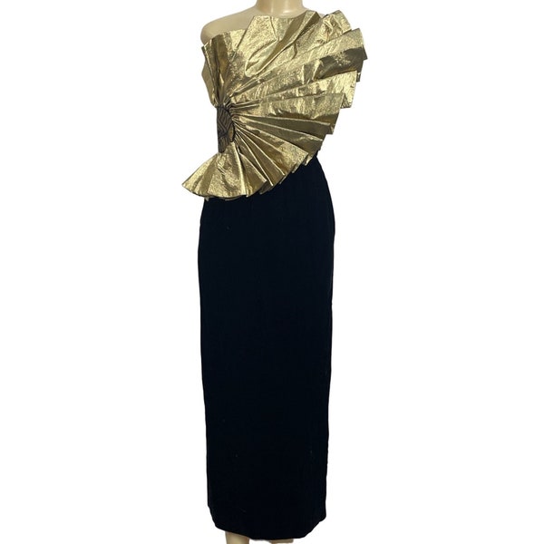 Vintage 80s Designer Gold Lame Fan One Shoulder Avant Garde Cocktail Dress Size 3