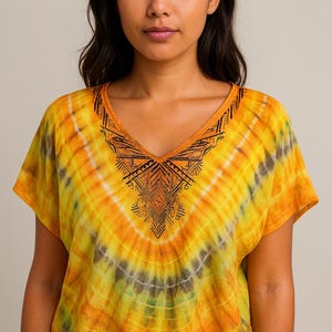 Embroidered Tie-Dye Caftan Blouse: Bohemian Hippie Style