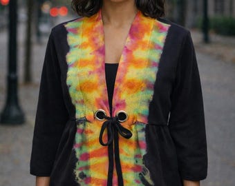 Upcycled Black Cardigan, Reverse Tie Dye Trim, Boho Jacket (XL)