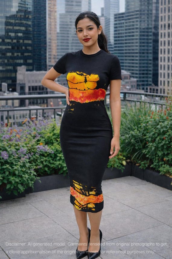 tie dye midi bodycon dress Black Reverse Dye Bodycon Dress, Small, Fire Sunset, Tie Dyed Midi, Fitted Dress