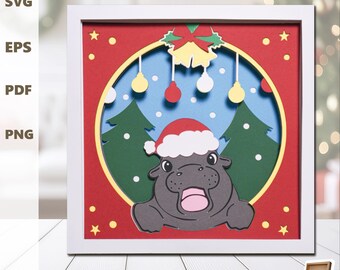 Cute Baby Pygmy Hippo Shadowbox, Christmas  Shadowbox, 3D SVG, Cute Hippo Shadow Box, Layered Cardstock, Paper Cut for Cricut for Silhouette