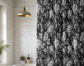 Cortinas de ducha Toile en blanco y negro con rosas, decoración de baño, decoración de temporada para el hogar, cortina de ducha, decoración botánica de estilo rústico para el baño