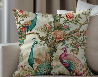 Peacock Square Pillowcase  Woodland Toile Throw Pillow cover Botanical Cushion Home Decor Cottagecore Peacock decoration Nature Lover Gift