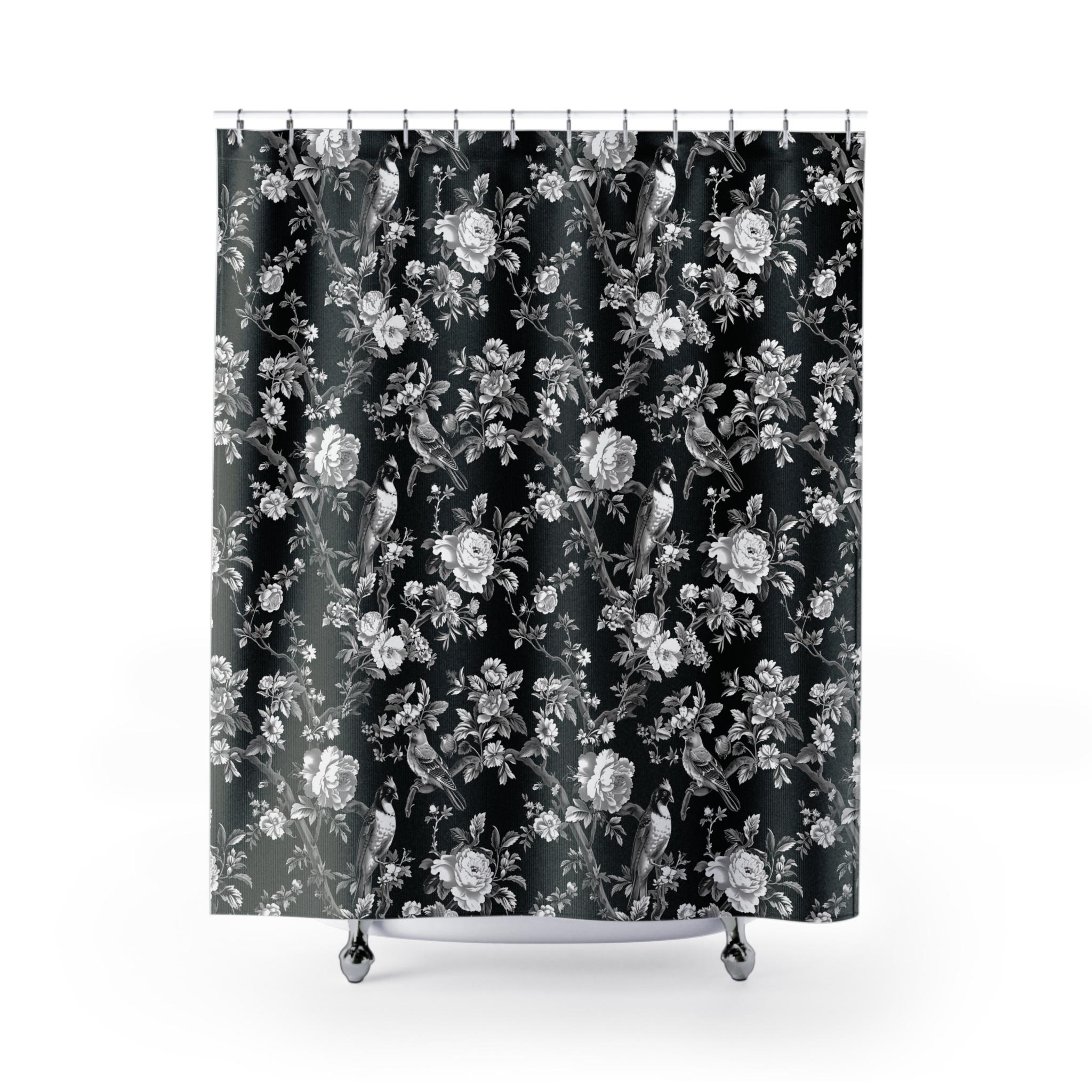 Lotus Shower Curtain - Black & White Floral Print Bathroom Decor Set With Hooks, 70x70 Inches - View #10