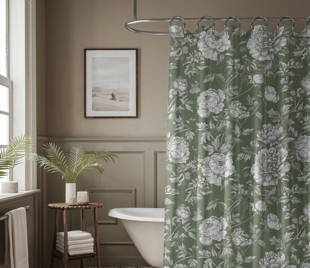 Bathroom Decor Toile Shower Curtain Sage Green Housewarming Gift French ...