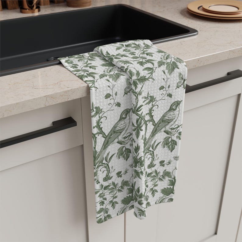 Sage green Microfiber Kitchen Towel bird print floral tea towel toile French hand towel gift home decor vintage inspired decoration image 3