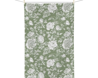 Sage Green Floral Tea Towel, Botanical Microfiber Kitchen Decor