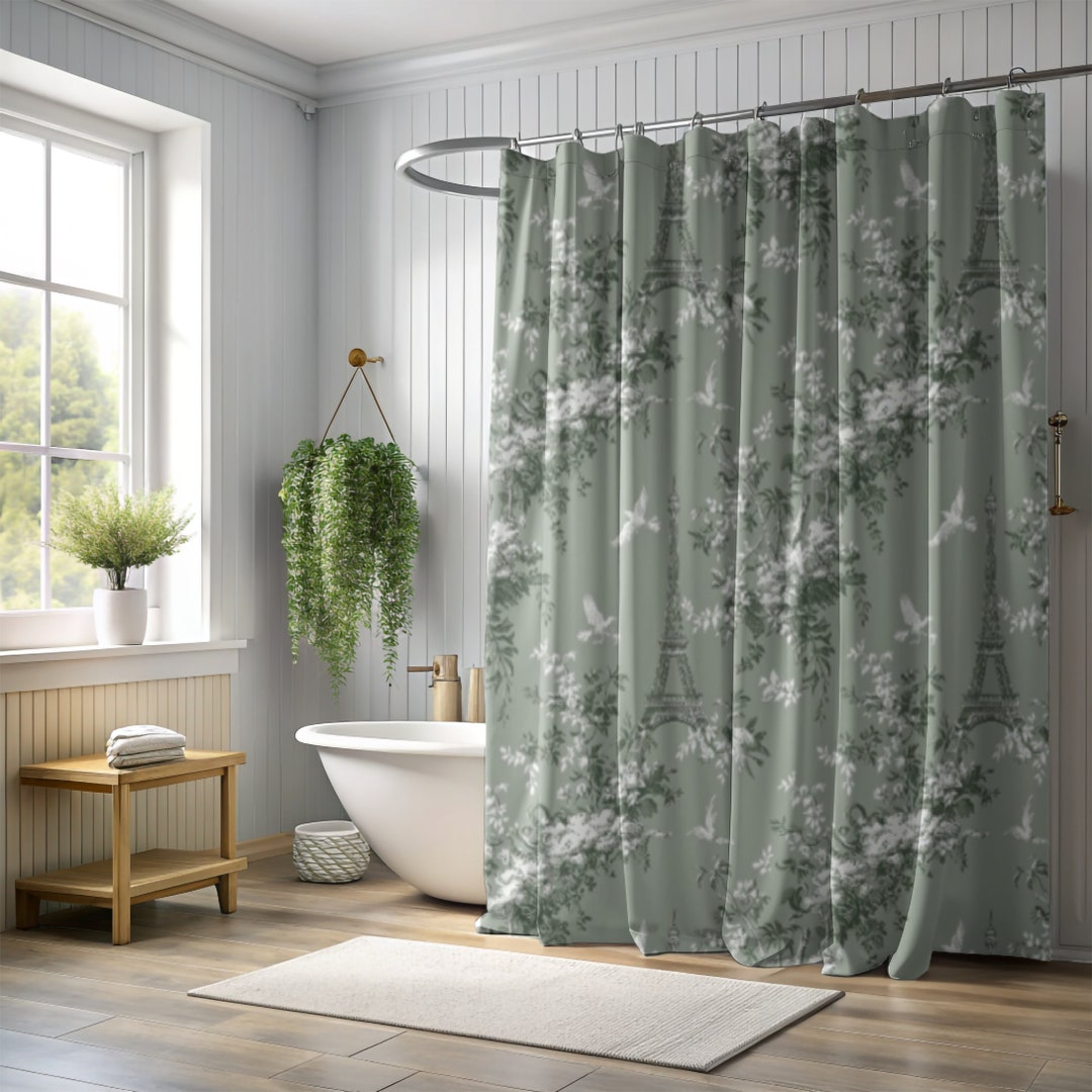 Shower Curtains Sage Green Toile Bath Decor for Guest Bathroom Shower ...