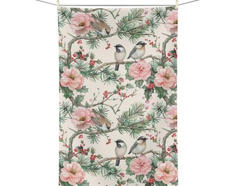 Pink Floral Christmas Tea Towel: Holiday Kitchen Decor