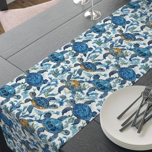 Sea Turtle Table Runner: Blue Coastal Dining, Beach House Decor