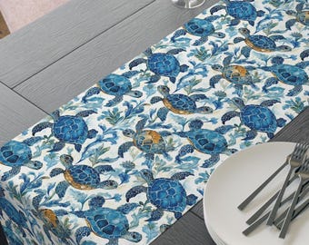 Sea Turtle Table Runner: Blue Coastal Dining, Beach House Decor