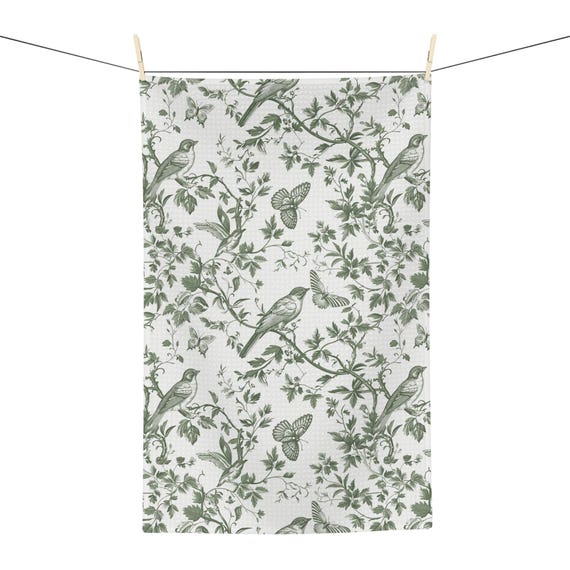 Sage green Microfiber Kitchen Towel bird print floral tea towel toile French hand towel gift  home decor vintage inspired decoration