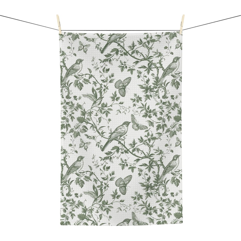 Sage green Microfiber Kitchen Towel bird print floral tea towel toile French hand towel gift home decor vintage inspired decoration image 1