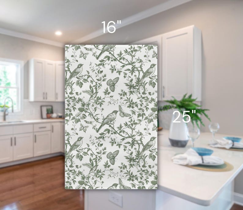 May include: A white kitchen backsplash with a green and white floral pattern featuring birds and butterflies. The backsplash is 25 inches tall and 16 inches wide.