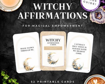 52 Witchy Affirmation Cards Moon Design, Printable Spiritual Deck, Positive Self-Care Oracle Cards, Digital Download for Mindfulness