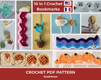 Conjunto de 10 patrones de marcapáginas de crochet: paquete 10 en 1 imprimible en PDF, tutorial de crochet fácil