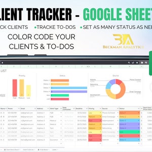 May include: A screenshot of a Google Sheet spreadsheet with a client tracker template. The spreadsheet is color-coded and includes columns for client name, phone number, email, address, client type, date contacted, deadline, priority, source, status, deal value, person in charge, and notes. The spreadsheet also includes a pie chart showing the source of clients and a bar chart showing the status of clients. The text "CLIENT TRACKER - GOOGLE SHEETS" is at the top of the spreadsheet.