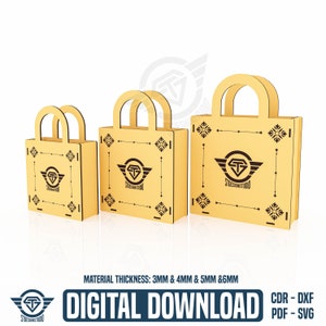 Archivos SVG cortados con láser para bolsos de 3 tamaños diferentes.