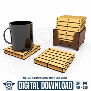 Op de afbeelding: Set van zes houten pallet-onderzetters met een bijpassende houten houder. De onderzetters zijn gemaakt van multiplex en zijn ontworpen om eruit te zien als miniatuurpaletten. De houder is gemaakt van donker hout en heeft een rechthoekige vorm. De onderzetters zijn 3 mm, 4 mm, 5 mm en 6 mm dik.