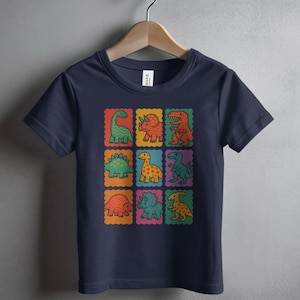 Retro Dino Grid Toddler Tee, Dinosaur Lover T-Shirt for Kids