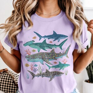 Colorful Shark Shirt, Vintage Marine Life Tee, Sea Creature Art Comfort Colors® T-Shirt Orchid