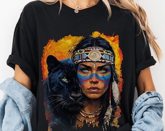 Warrior Woman & Panther Graphic Tee: Tribal Bohemian Comfort Colors T-Shirt