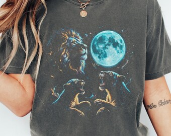 Lion Moon T-Shirt, Celestial Big Cat Tee, Lunar Wildlife Art