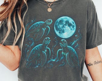 Moonlit Sea Turtle T-Shirt, Celestial Ocean Tee, Lunar Wildlife Shirt, Mystic Marine Artwork