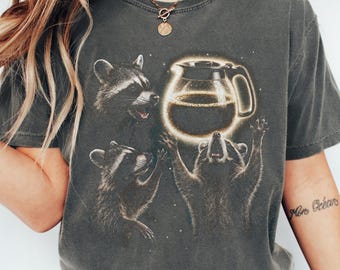 Funny Coffee Lover T-Shirt, Caffeinated Trash Panda Tee, Cosmic Raccoon Shirt