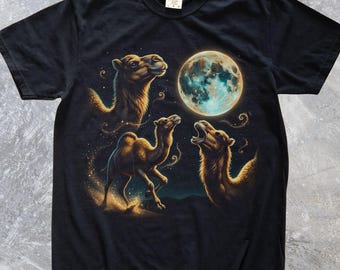 Moonlit Camel T-Shirt, Celestial Animal Shirt, Lunar Sahara Artwork