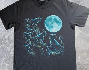 Moonlit Mountain Goats T-Shirt, Celestial Wildlife Tee, Starry Night Cosmic Wilderness Graphic Shirt