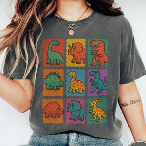 Retro Dino Grid Graphic Tee: Comfort Colors Dinosaur Shirt