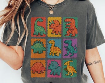 Retro Dino Grid Graphic Tee: Comfort Colors Dinosaur Shirt