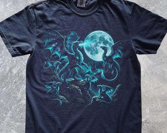 Cosmic Dragon Tee, Celestial Moon Fantasy Shirt, Mythical Graphic Gothic T-Shirt