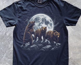 Three Bears Full Moon T-Shirt, Majestic Grizzly Wildlife Tee, Nature Lover Shirt