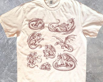 Mythical Dragon Line Art T-Shirt, Vintage Fantasy Creatures Tee, Whimsical Medieval Art Shirt